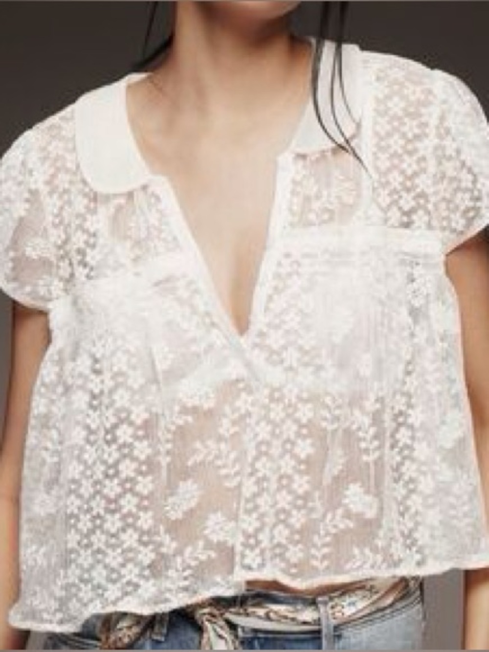 🆕 NWT Anthropologie Mauve XXS Short Sleeve Sheer Lace Babydoll Blouse MSRP $88